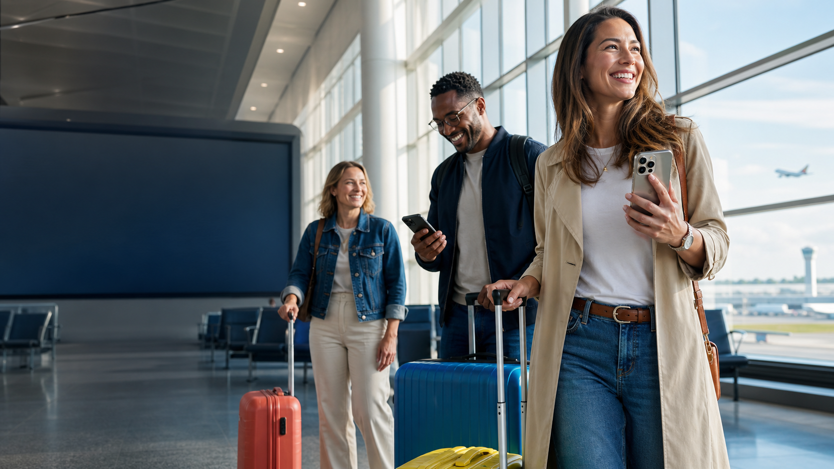 Friends traveling with luggage and using their phones at an airport